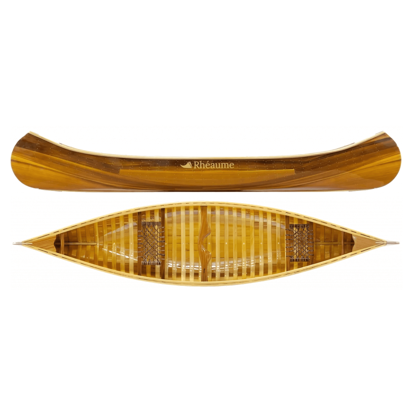 Top and side view of a 12 ft cedar canoe by Rhéaume, designed for canoeing enthusiasts and showcasing intricate wood craftsmanship.