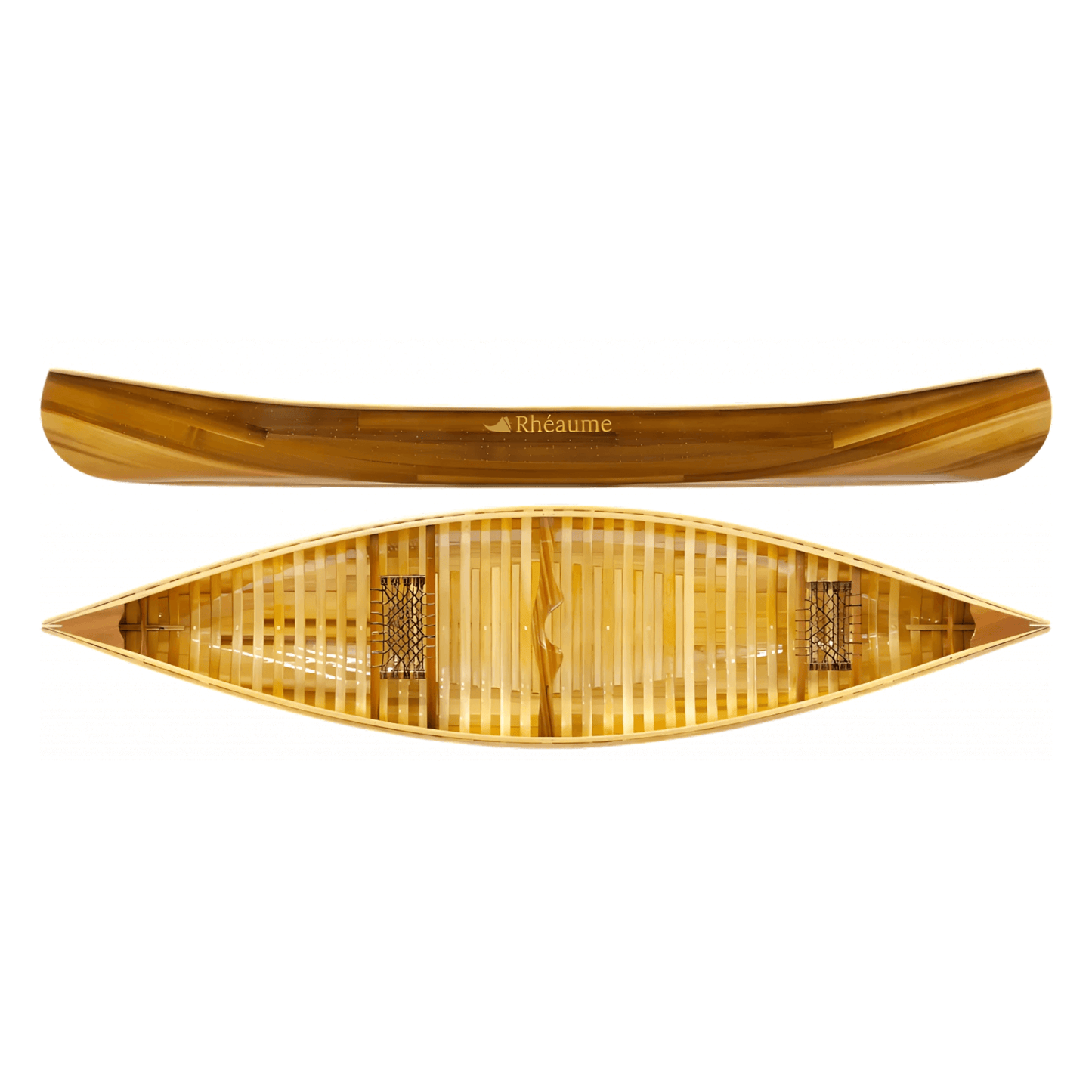 Top and side view of a Rhéaume cedar canoe, crafted for canoeing enthusiasts and showcasing premium wood craftsmanship and durability.