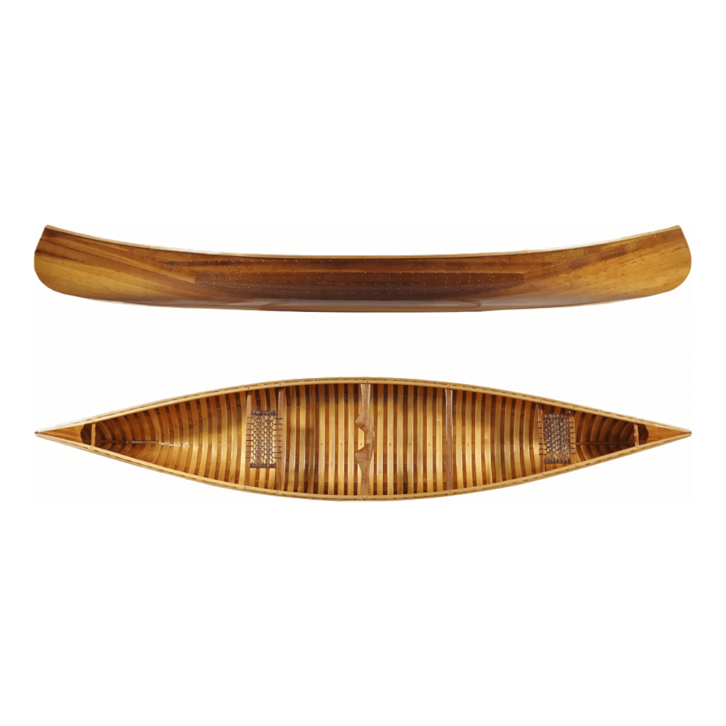 16’ Prospecteur canoe for sale, crafted from rich wood tones, designed for stability and durability, perfect for canoeing enthusiasts seeking quality and classic aesthetics.