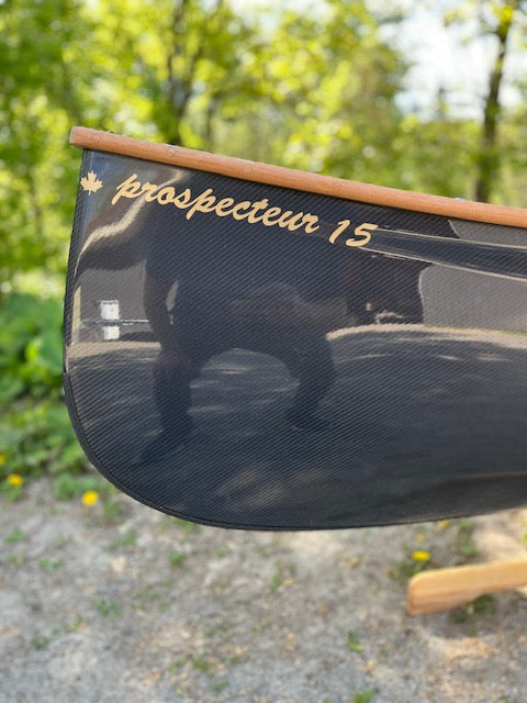 Rhéaume Prospecteur 15' Canoe - Carbon Exterior - Wood Trim - Innegra Basalt Interior - Clear Colour