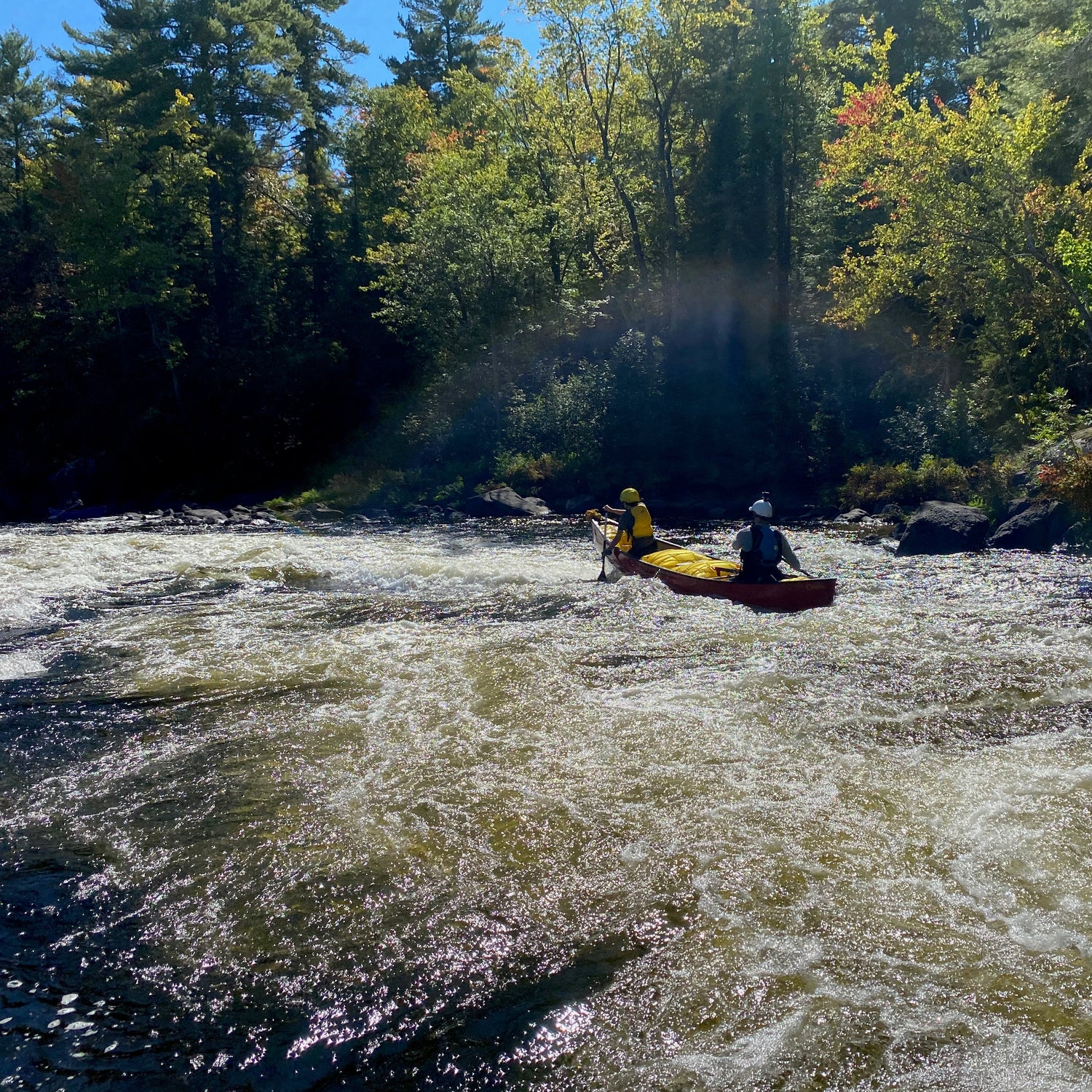 Two paddlers navigate a turbulent river in an Esquif whitewater canoe, showcasing the thrill of whitewater adventures and options for whitewater canoes for sale.
