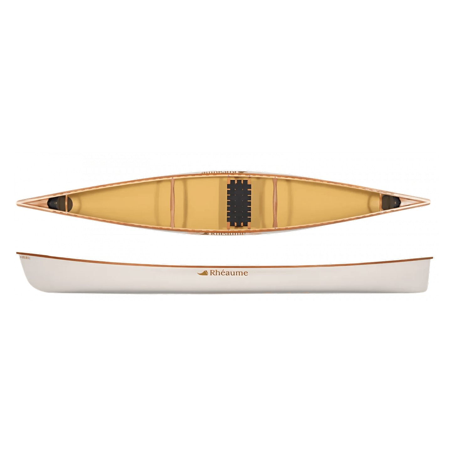 Elegant cream and cedar-toned Rhéaume canoe for sale in Ottawa, showcasing a sleek design with a warm cedar interior and cream exterior, perfect for solo paddling adventures.