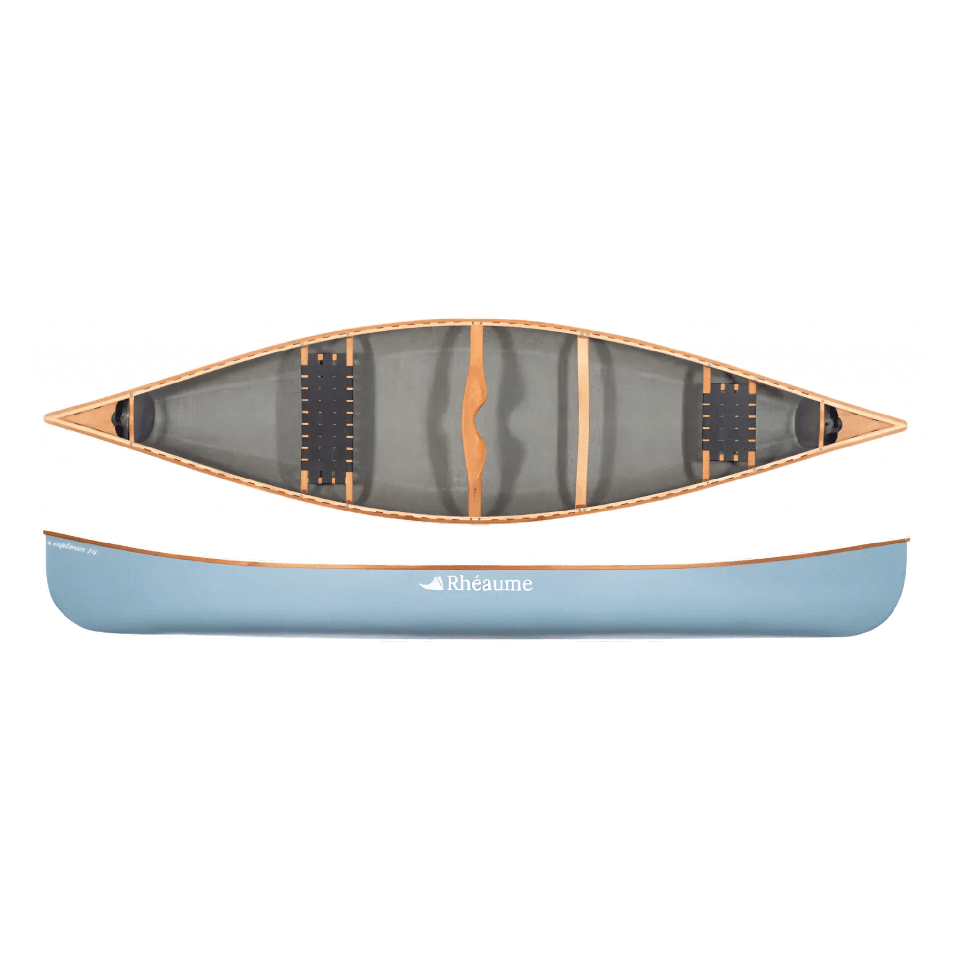 Top and side view of a Rhéaume composite canoe, designed for canoeing enthusiasts seeking a lightweight and durable option.