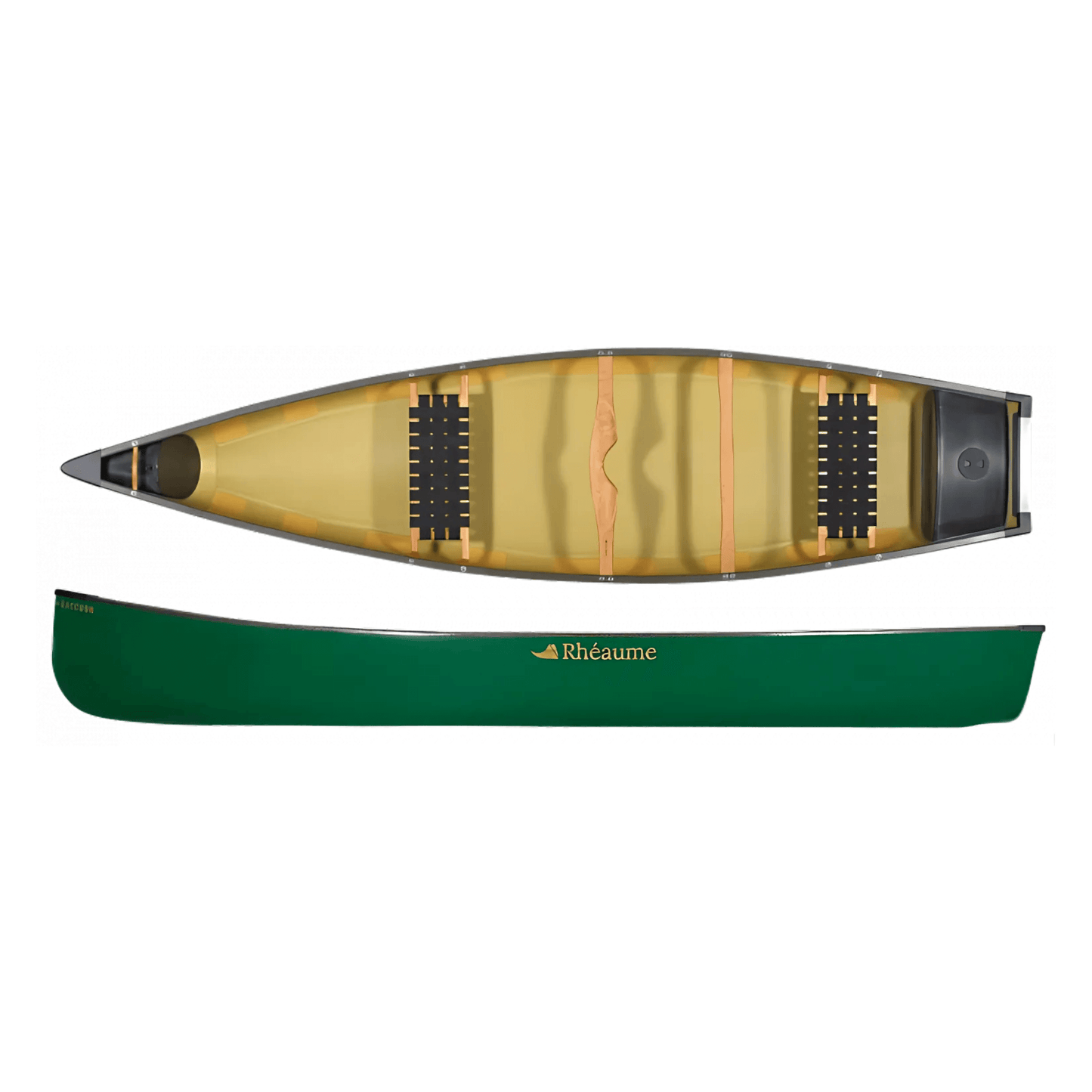 Top and side view of a Rhéaume composite canoe, designed for efficient canoeing with durable materials and a lightweight structure, ideal for versatile water adventures.