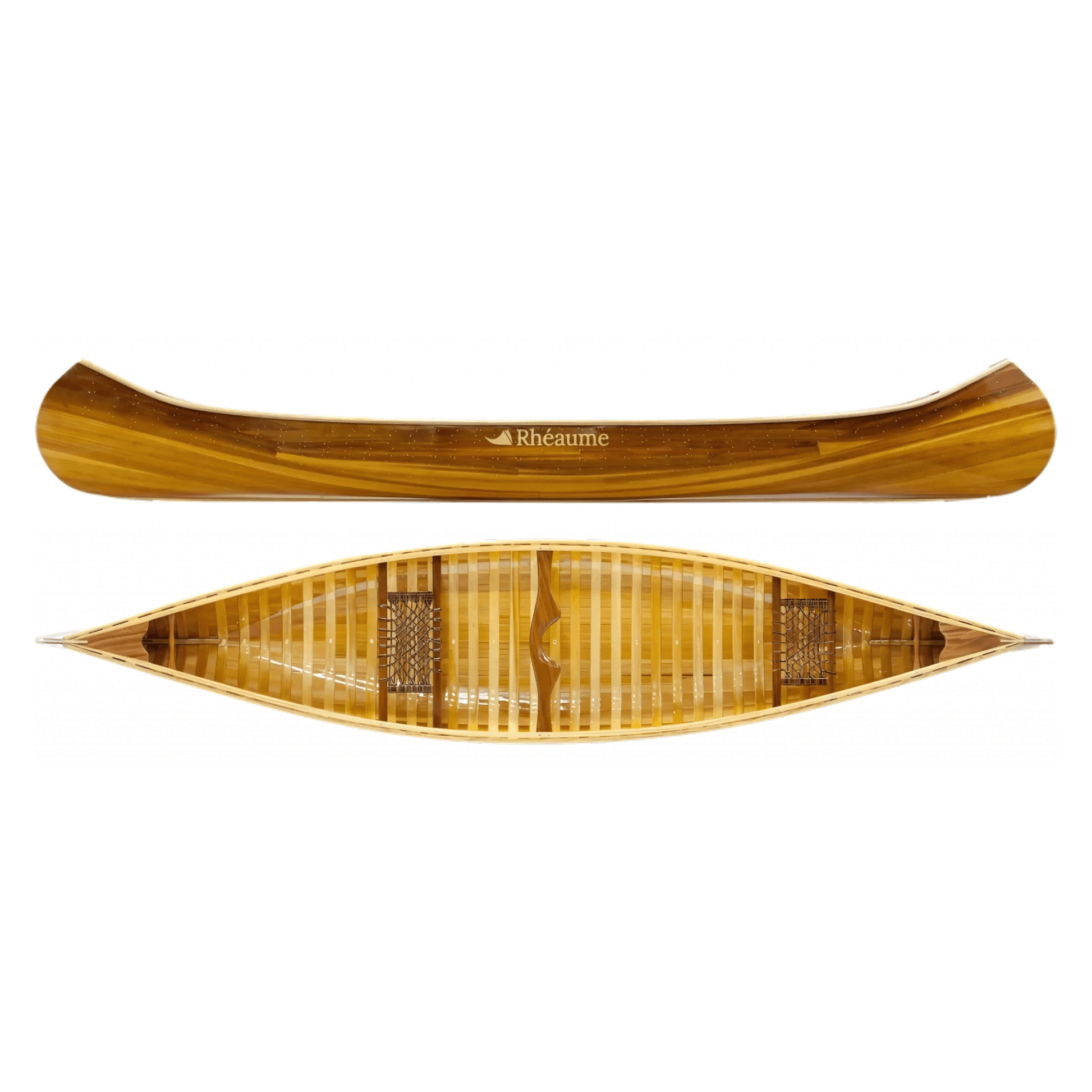 Beautiful handcrafted wooden canoe for sale in Ottawa, showcasing elegant curves and detailed craftsmanship from Rhéaume, perfect for collectors and outdoor enthusiasts.