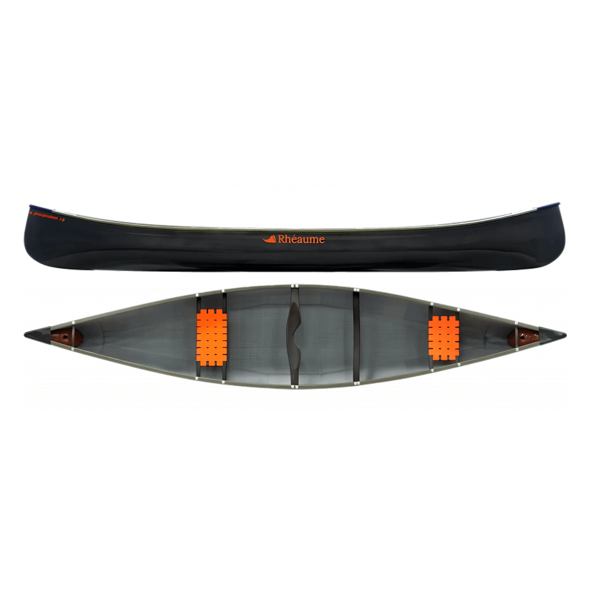 15' Prospector canoe for sale, featuring a sleek black design with bright orange accents, crafted for stability and versatility on both calm and challenging waters.