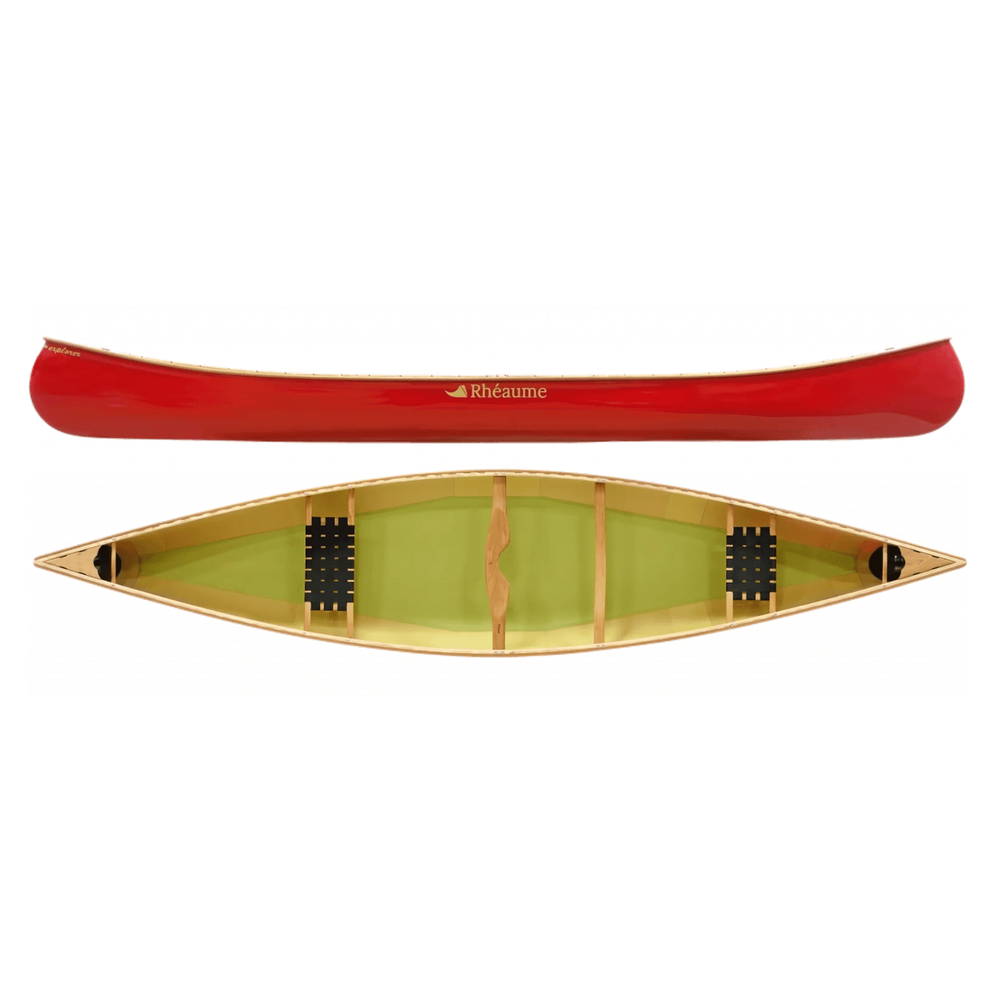 16’ Explorer Composite Canoe for sale, featuring a striking red exterior with a green interior, designed for versatile canoeing adventures and excellent durability.