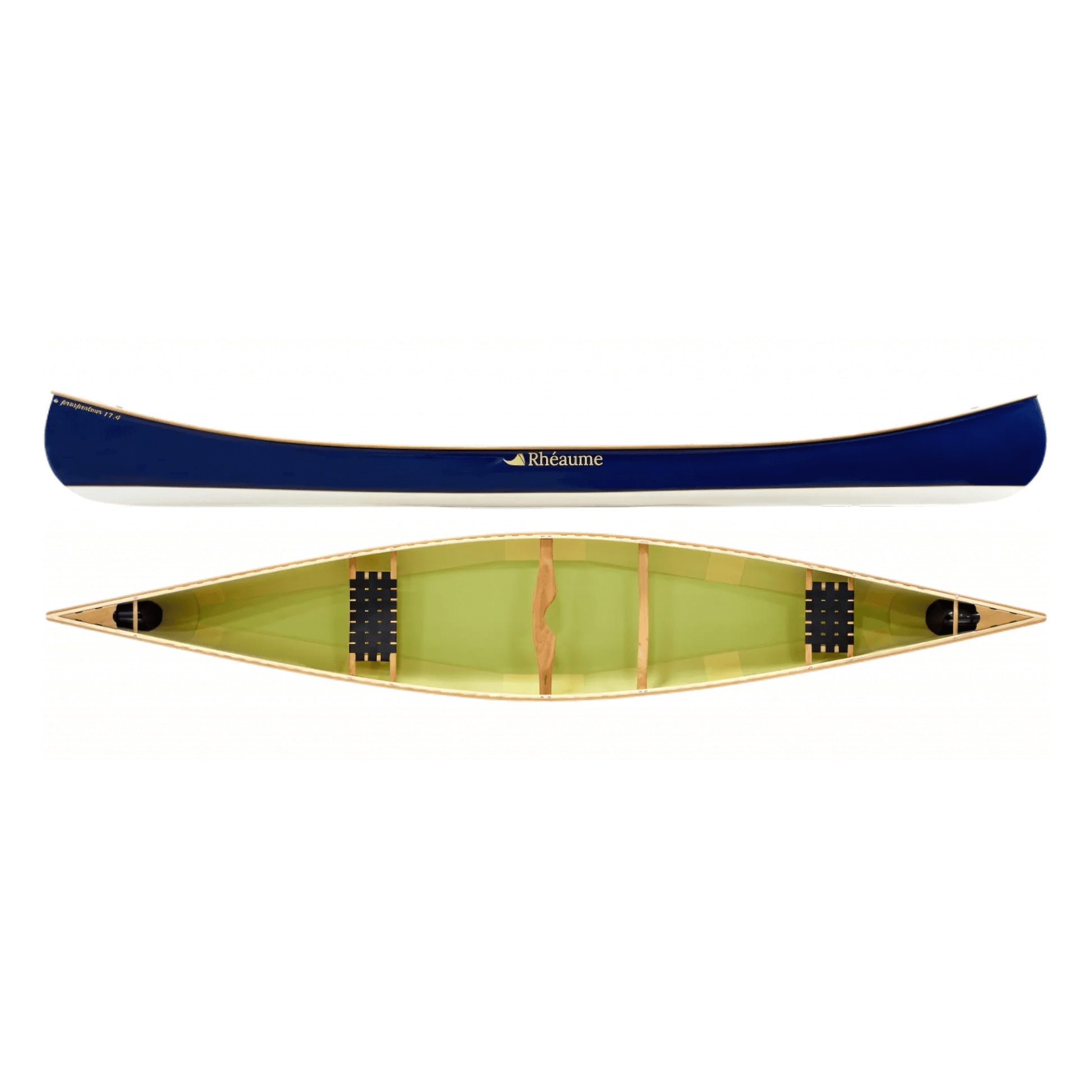 Blue and green canoe for sale, ideal for canoeing enthusiasts seeking a durable and lightweight vessel with ergonomic seating and streamlined design.