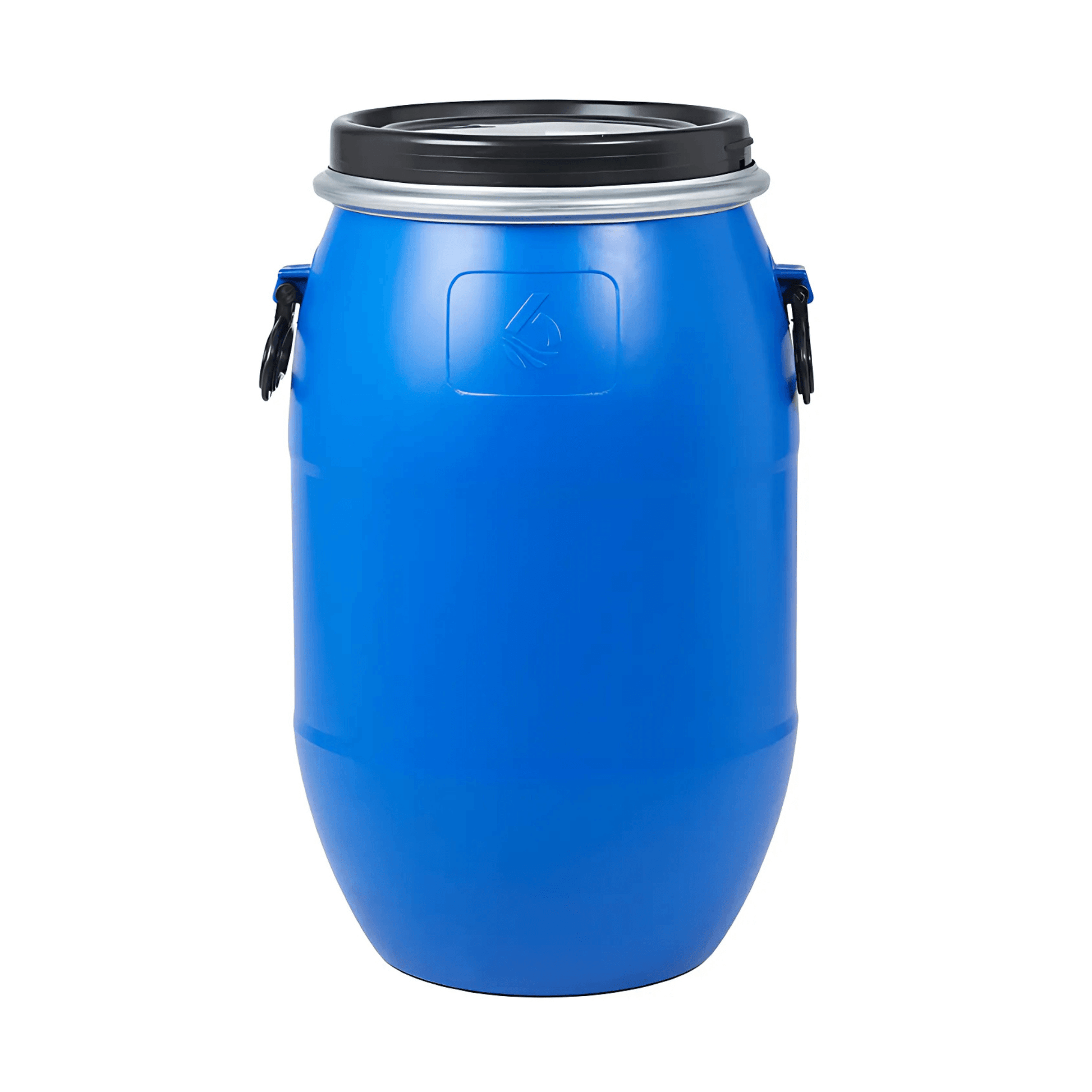 Blue waterproof storage barrel with secure lid and durable side handles for easy transport and safe storage.