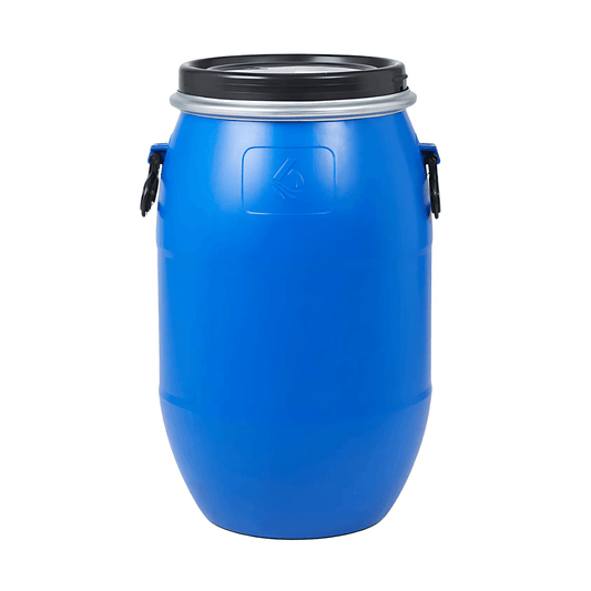 Blue waterproof storage barrel with secure lid and durable side handles for easy transport and safe storage.