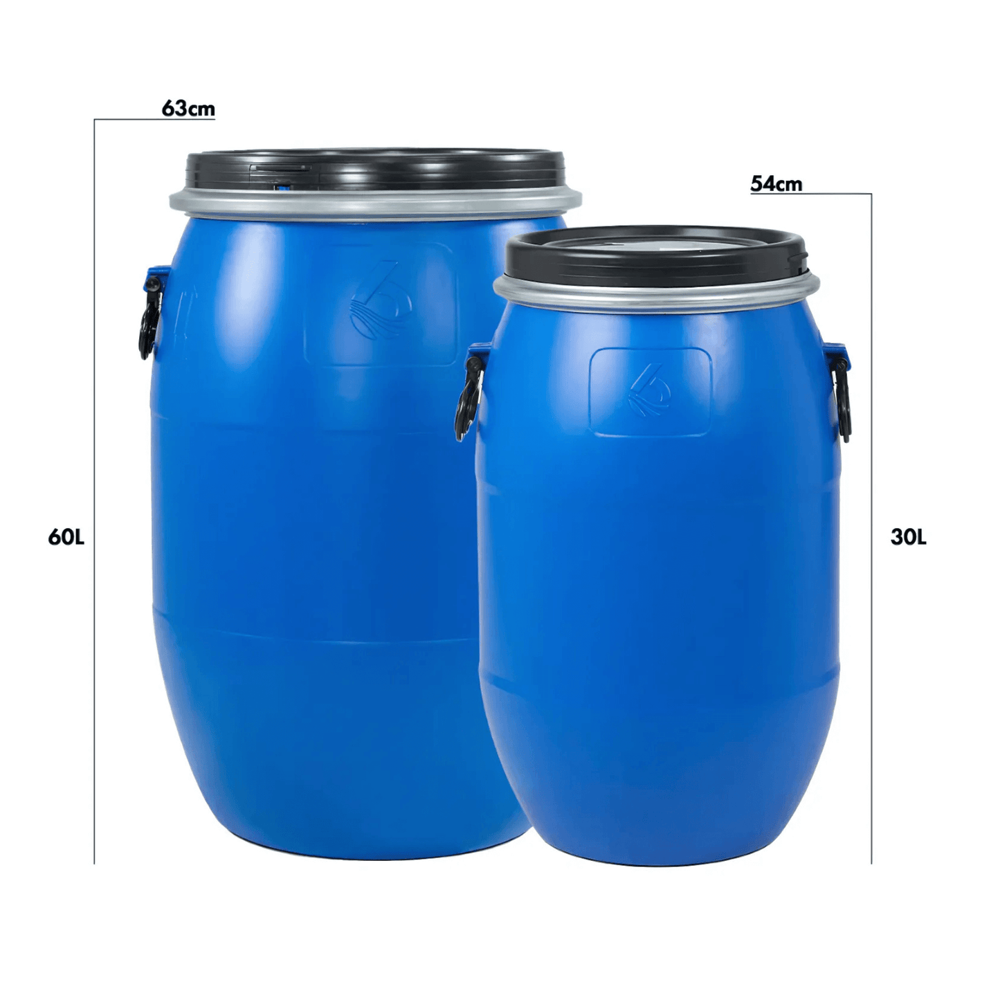 Two blue waterproof storage barrels with secure lids, available in 60-liter and 30-liter capacities for versatile storage needs.