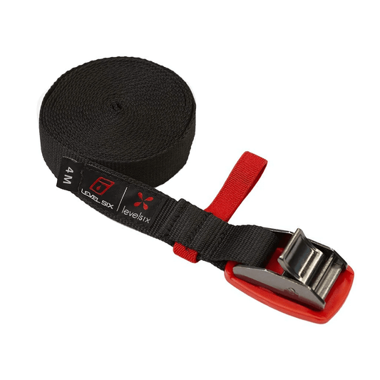 4m webbing tie-down strap with a robust metal buckle and red accent for enhanced grip, designed for secure load fastening.