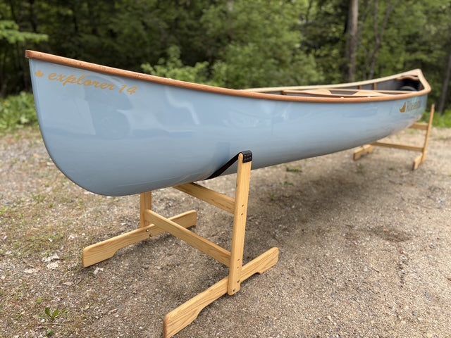 Rhéaume Explorer 14 Canoe - Kevlar Exterior - Cherry Wood Gunwales - Innegra Basalt Interior - Pale Blue