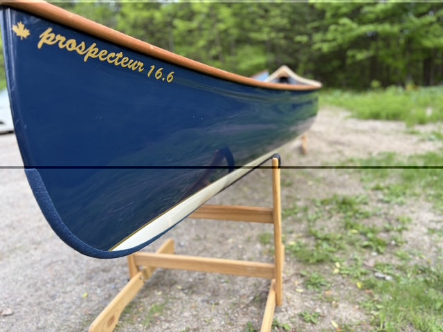 Rhéaume Prospecteur 16'6 Canoe - Kevlar Exterior - Cherry Wood Gunwales - Innegra Basalt Interior - Blue and White Two-Tone