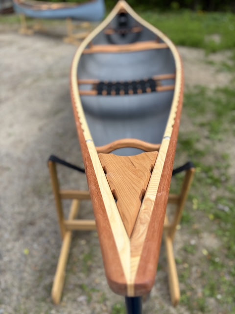 Rhéaume Prospecteur 16'6 Canoe - Kevlar Exterior - Cherry Wood Gunwales - Innegra Basalt Interior - Blue and White Two-Tone