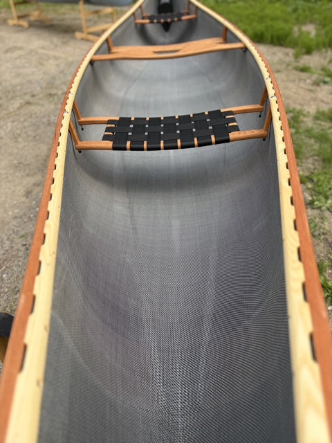 Rhéaume Prospecteur 16'6 Canoe - Kevlar Exterior - Cherry Wood Gunwales - Innegra Basalt Interior - Blue and White Two-Tone
