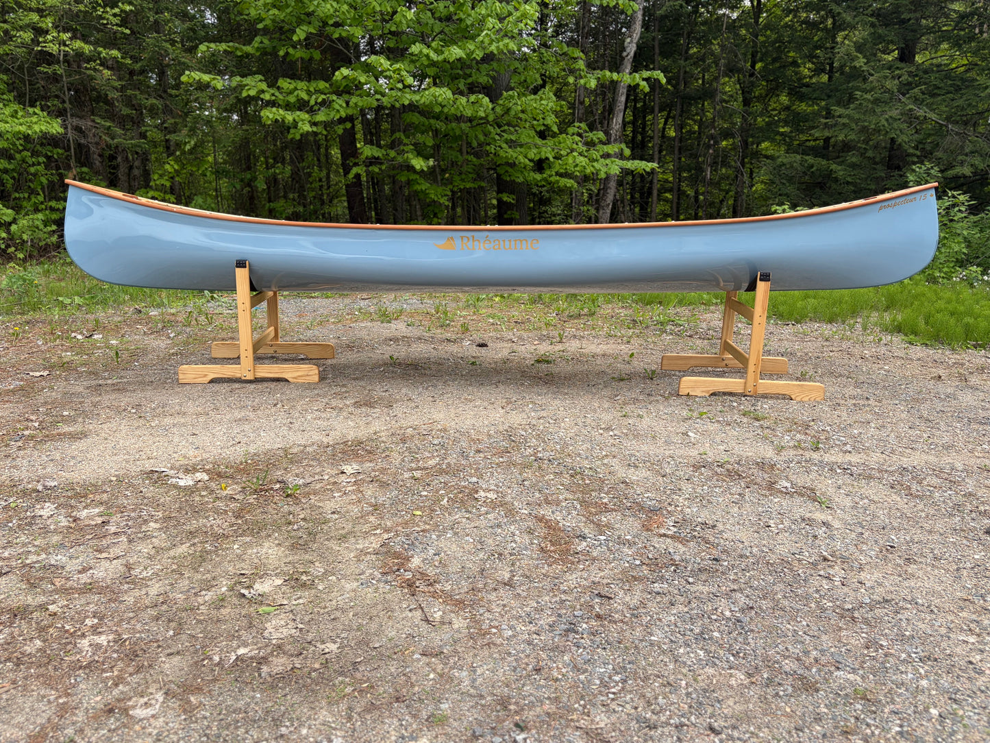 Rhéaume Prospecteur 15' Canoe - Kevlar Exterior - Cherry Wood Trim - Innegra Basalt Interior - Pale  Blue
