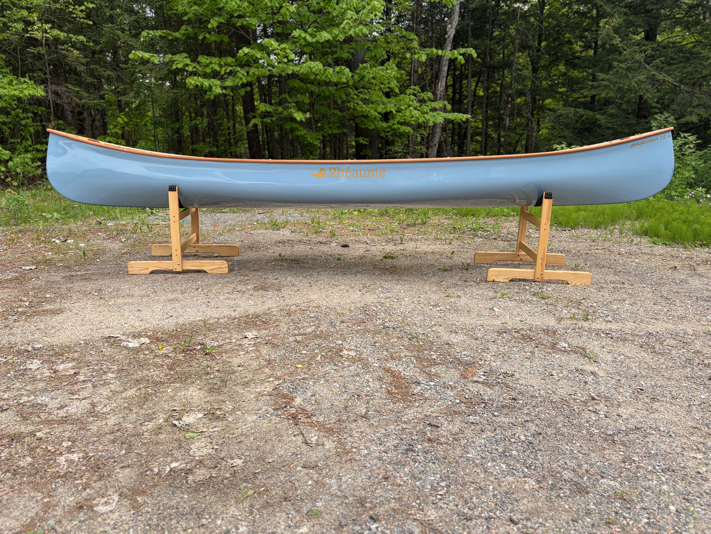 Rhéaume Prospecteur 15' Canoe - Kevlar Exterior - Cherry Wood Trim - Innegra Basalt Interior - Pale  Blue