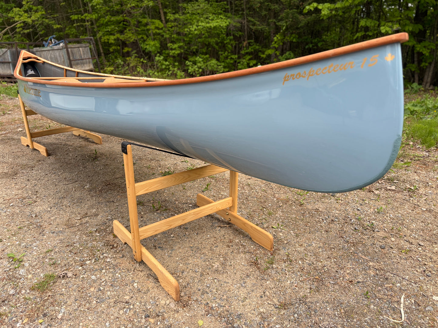 Rhéaume Prospecteur 15' Canoe - Kevlar Exterior - Cherry Wood Trim - Innegra Basalt Interior - Pale  Blue