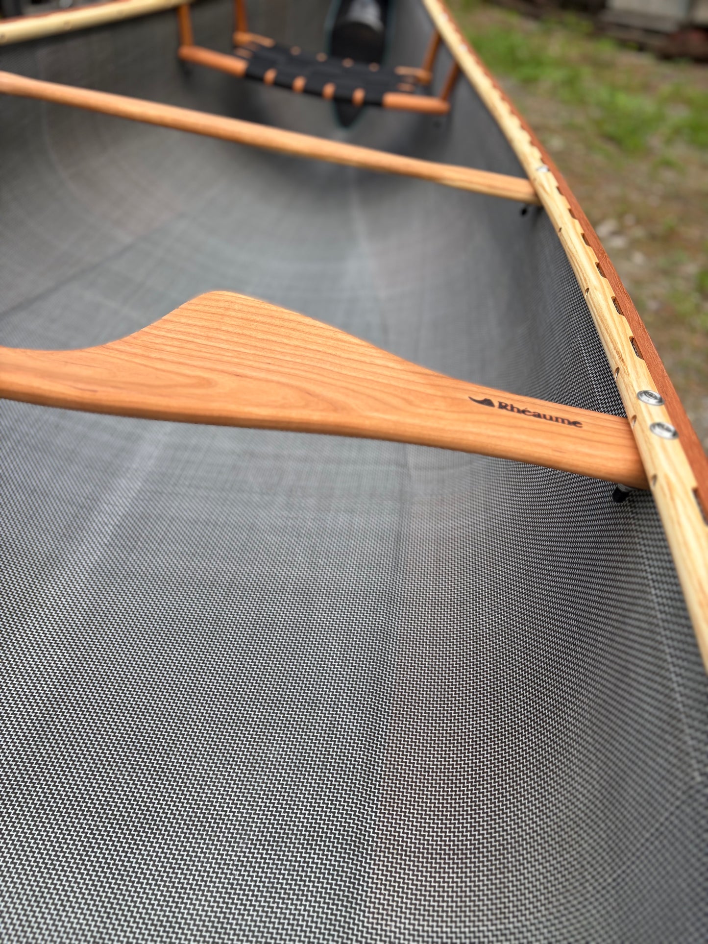Rhéaume Prospecteur 15' Canoe - Kevlar Exterior - Cherry Wood Trim - Innegra Basalt Interior - Pale  Blue